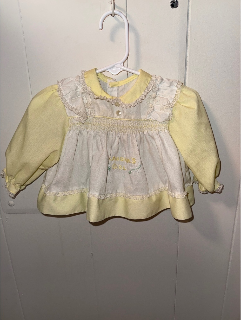 Vintage Baby Girl Yellow and White 'Grandma's Girl' Long Sleeve Dress with Ruché